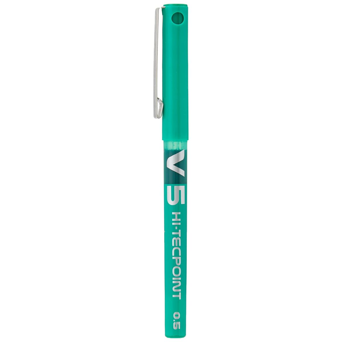 Ein grüner Hi-Tecpoint V5-Stift mit silbernem Clip. Der Stift ist von oben nach unten abgewinkelt.
