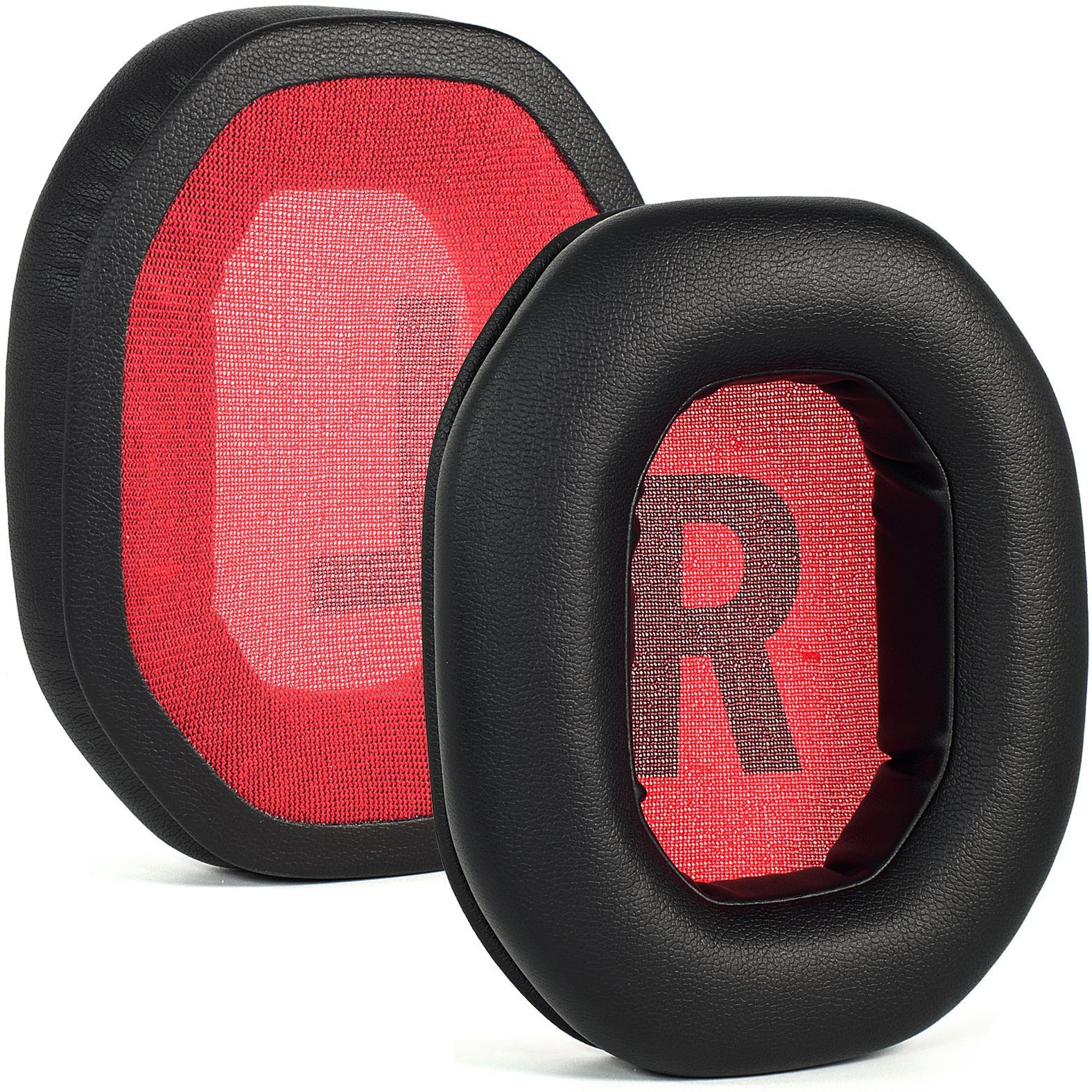 Due cuscinetti per cuffie, uno con interno in rete rossa e l'altro con la lettera 'R'.