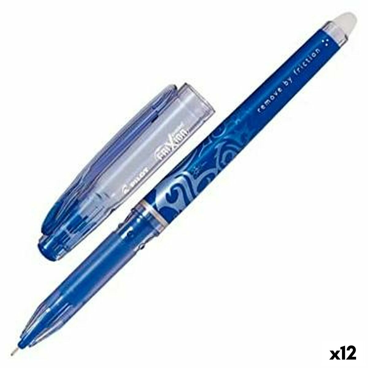 Blauer Stift mit offenem Deckel. Der Stift hat einen blauen Körper mit transparentem Deckel.