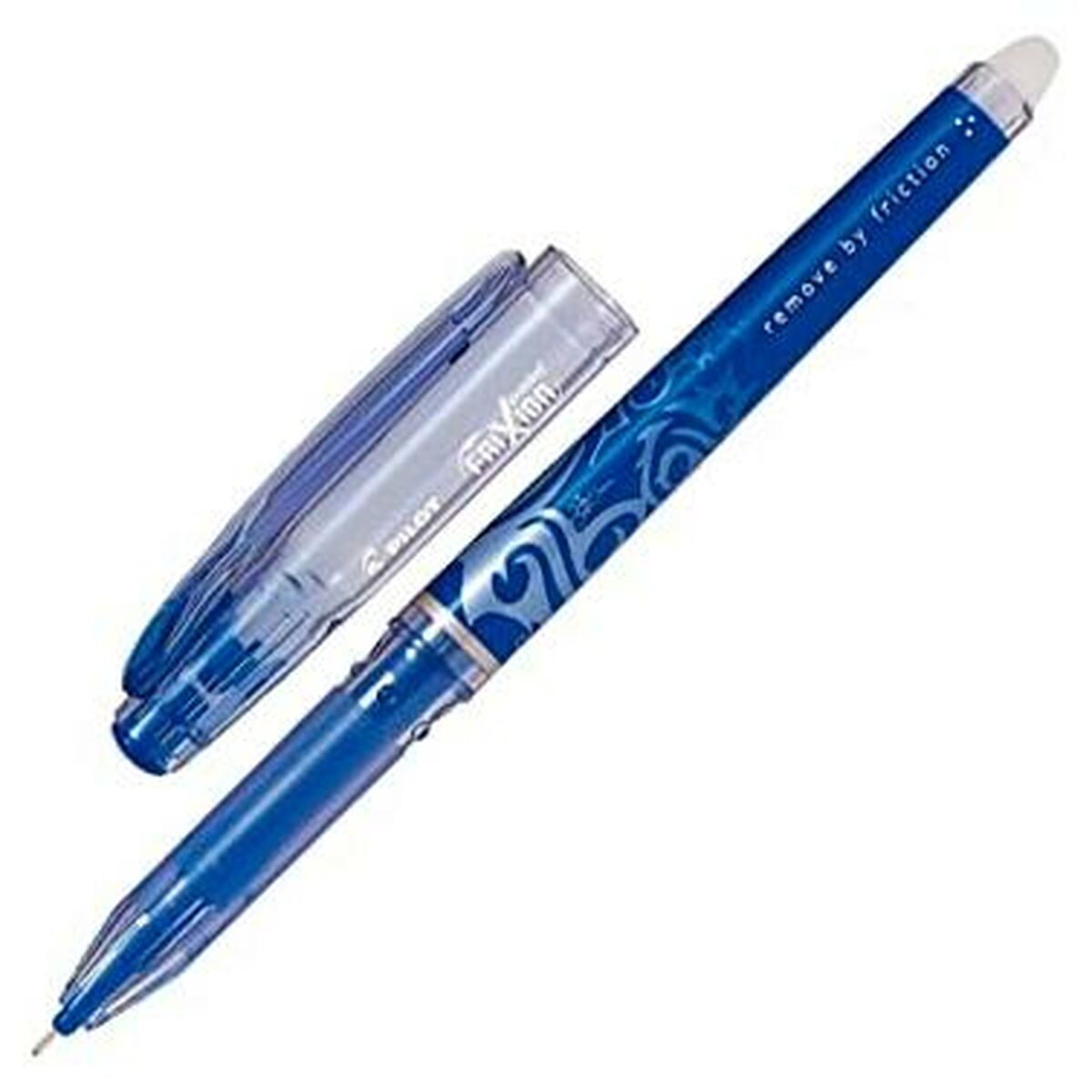 Blauer Stift mit offenem Deckel. Der Stift hat einen blauen Körper mit transparentem Deckel.
