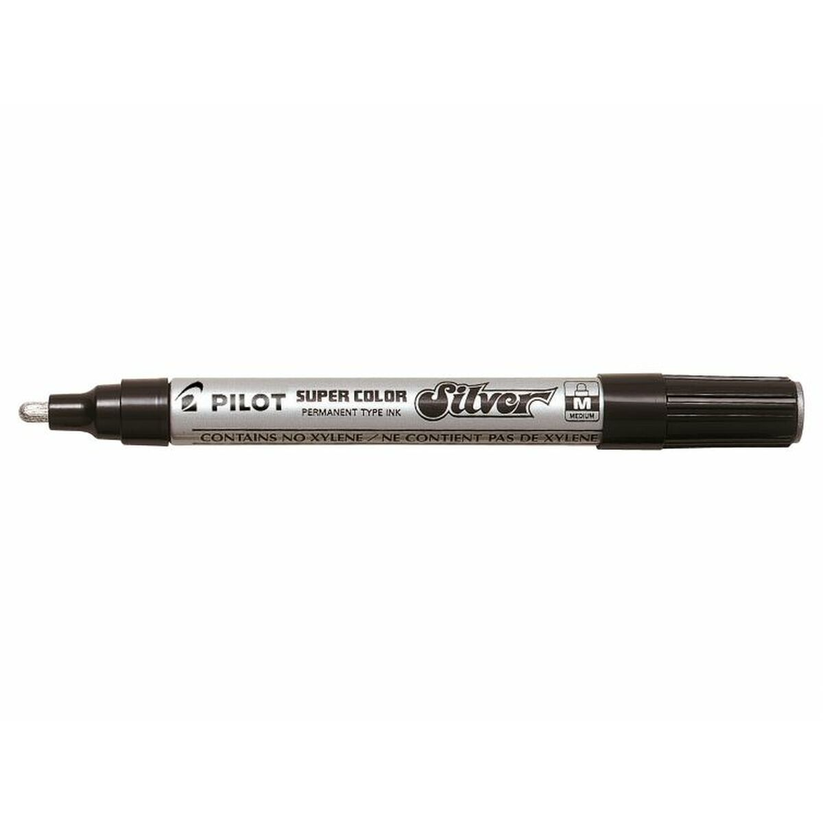 Schwarzer Pilot Super Color Permanentmarker auf Weiß. Hat silberne Tinte und das Wort 'Silver'.