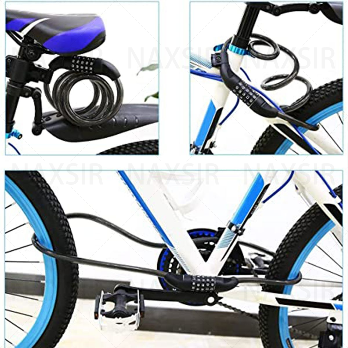 Mehrere Ansichten eines Fahrradschlosses, das ein Fahrrad sichert. Zeigt verschiedene Blickwinkel.