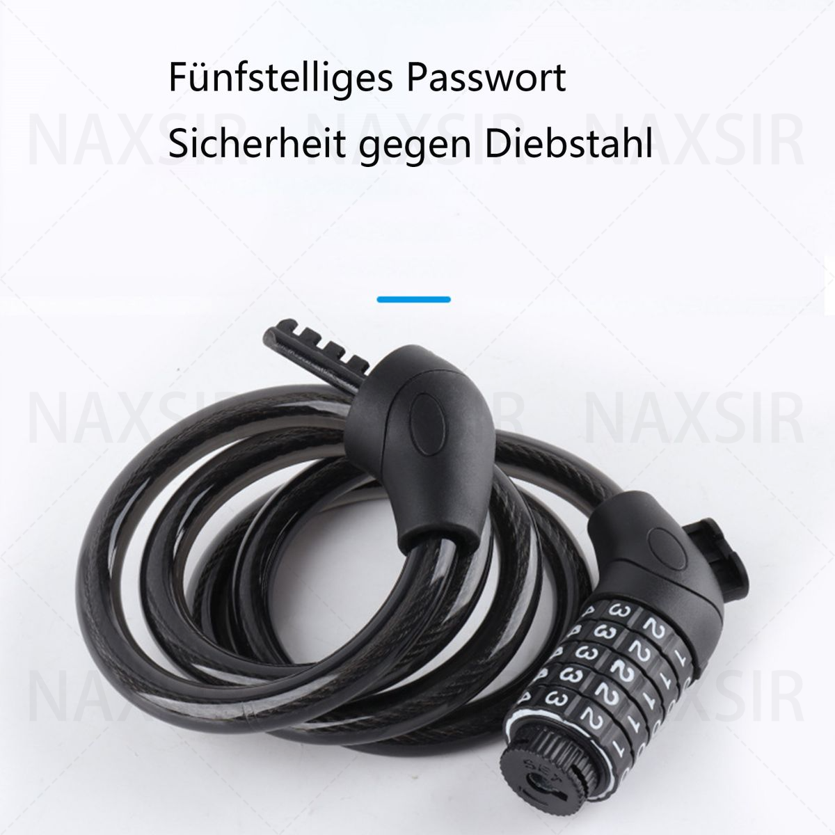 Ein schwarzes Zahlenschloss mit flexiblem Kabel. Das Ziffernrad ist sichtbar.