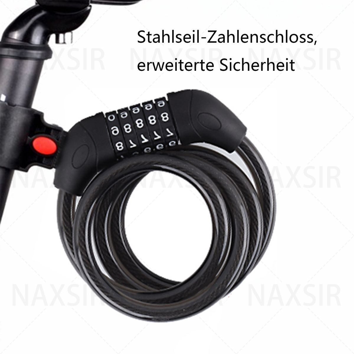 Ein schwarzes Fahrradschloss mit Zahlenschloss. Es ist an einem schwarzen Fahrrad befestigt.