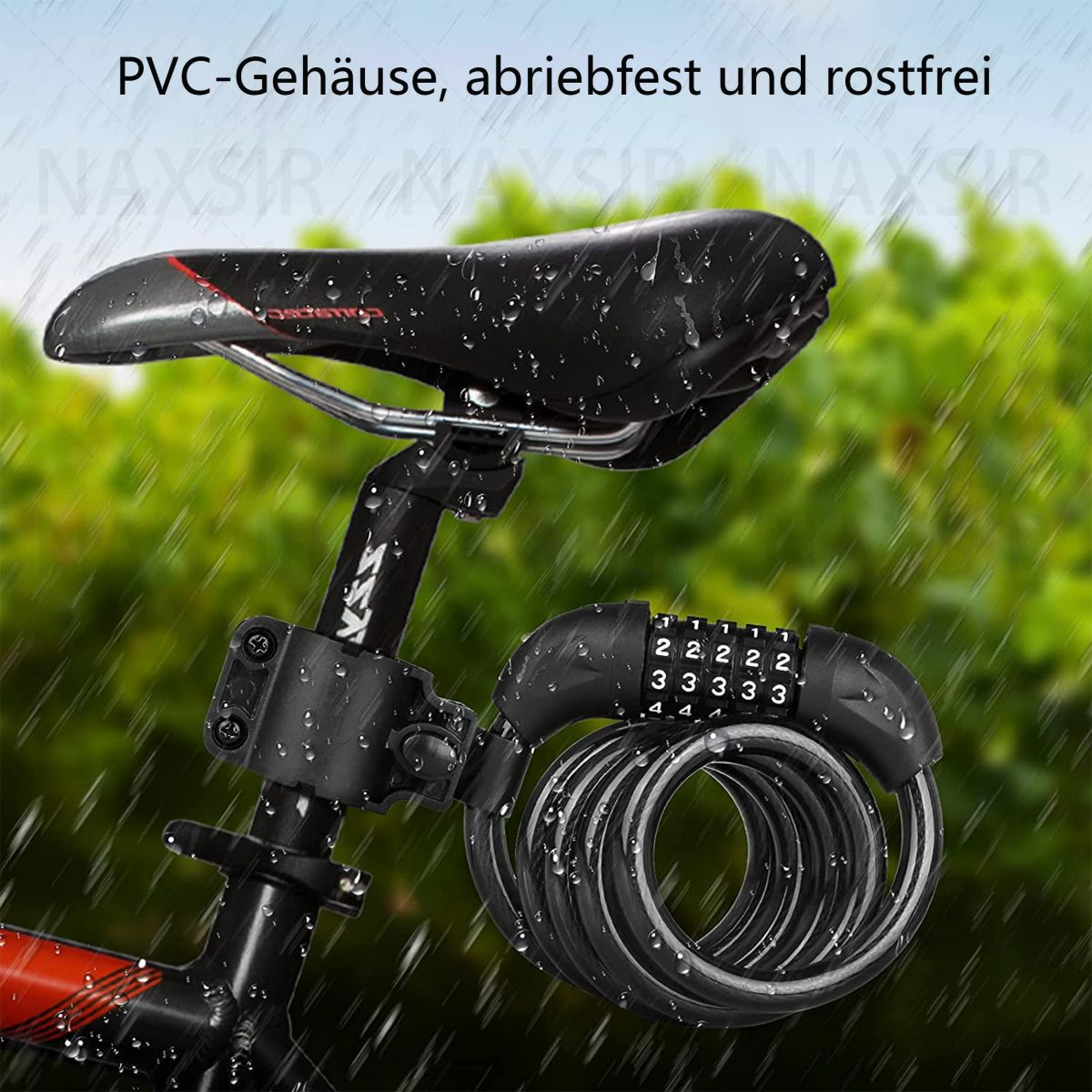 Schwarzes Fahrradschloss mit Spiralkabel und Zahlenschloss. Das Schloss ist am Fahrradrahmen befestigt.