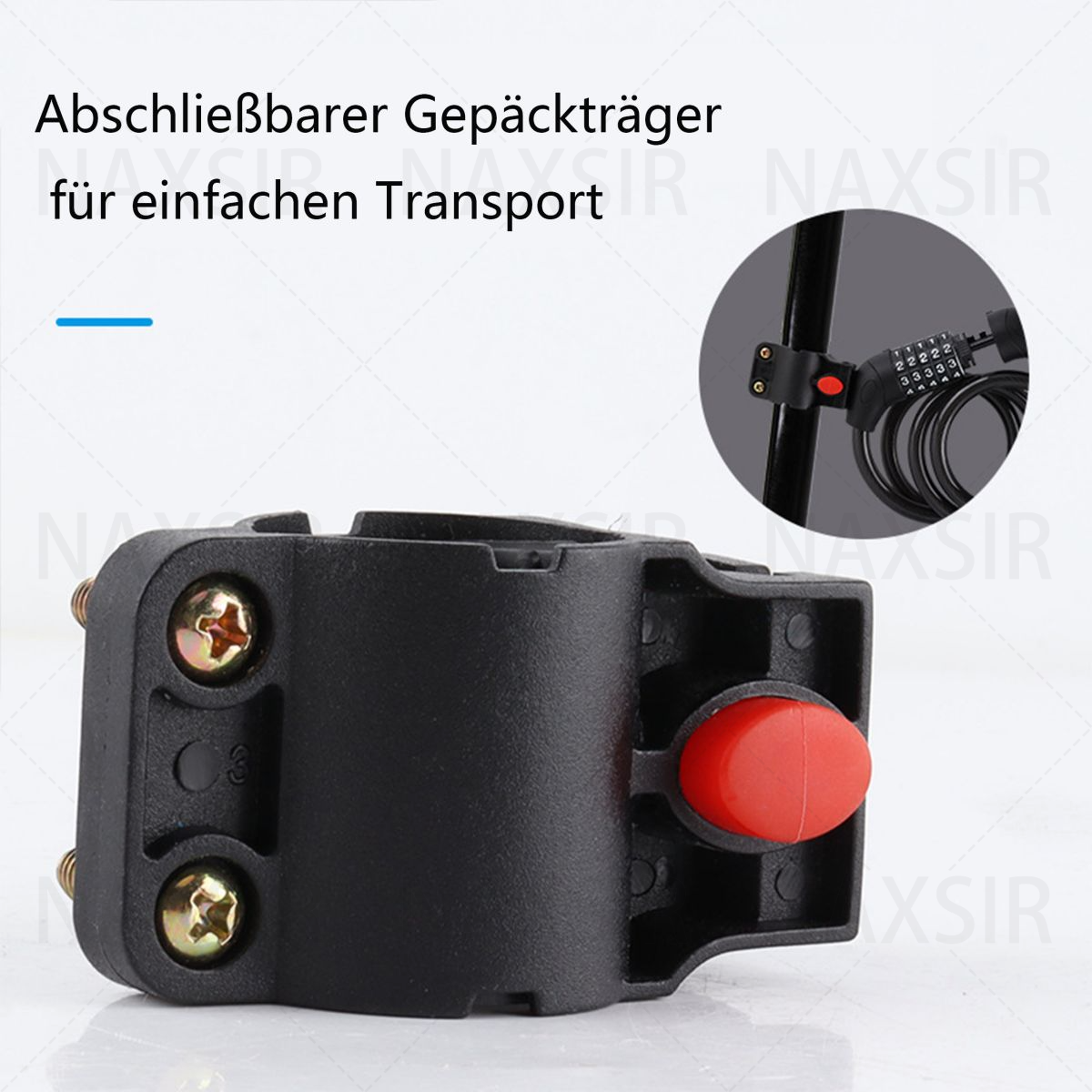 Ein schwarzer Träger mit rotem Knopf und Schrauben.