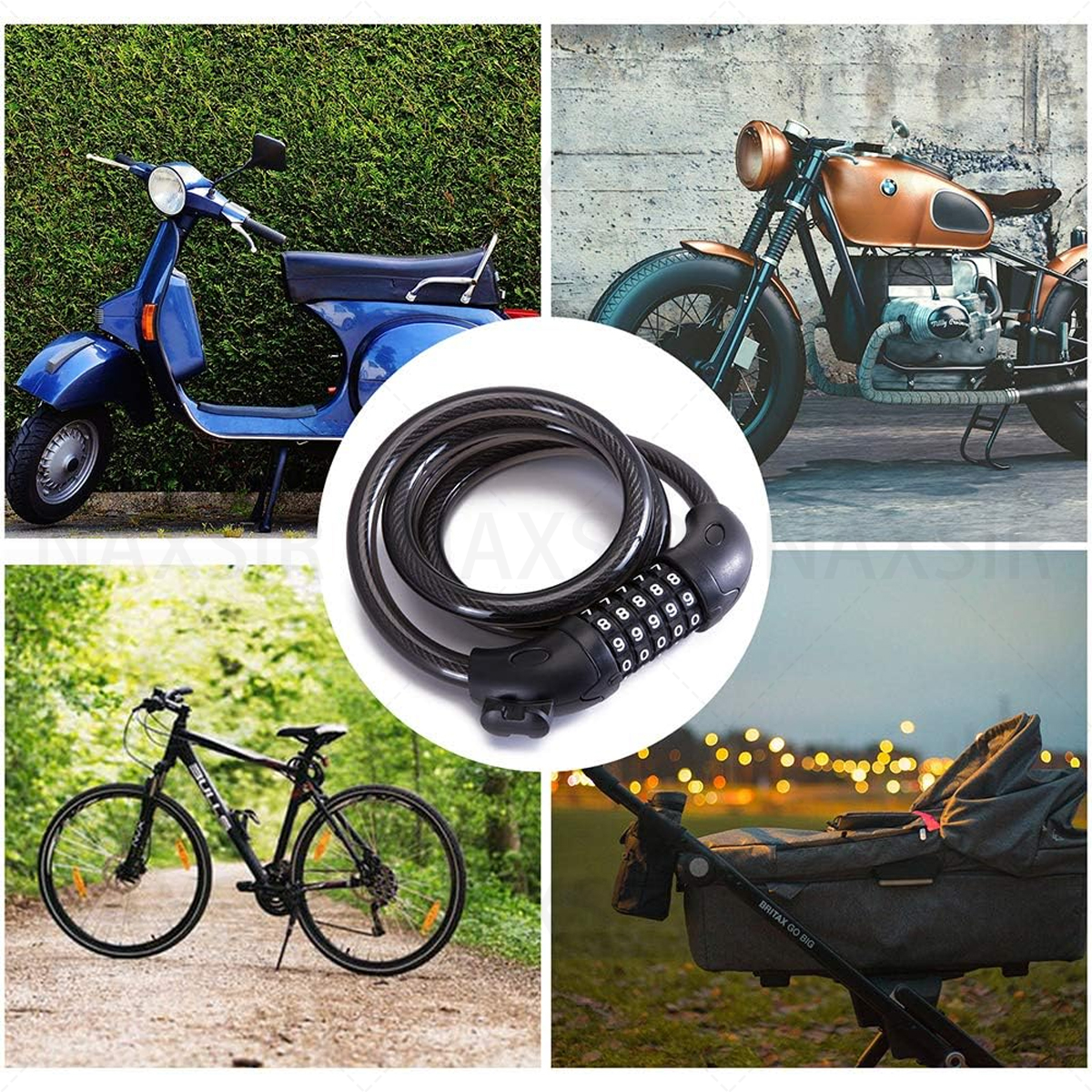 Eine Collage von Bildern, die einen Roller, ein Motorrad, ein Fahrrad und einen Kinderwagen mit Schloss zeigen.