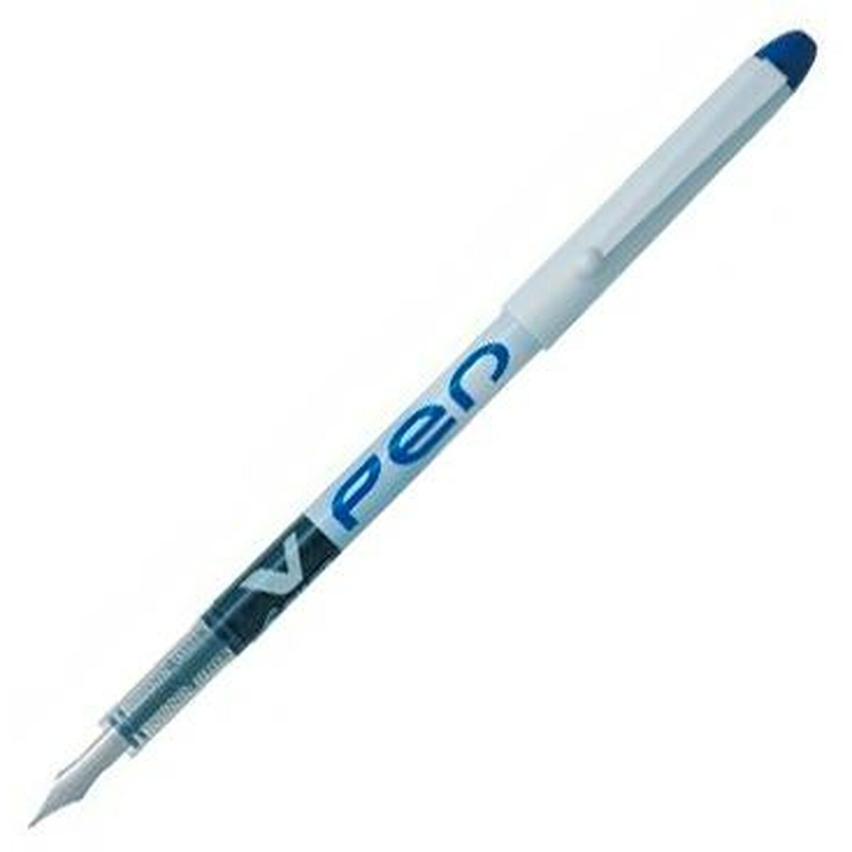 Weiß-blauer V-Stift mit Feder auf Weiß. Der Stift ist schräg gehalten.