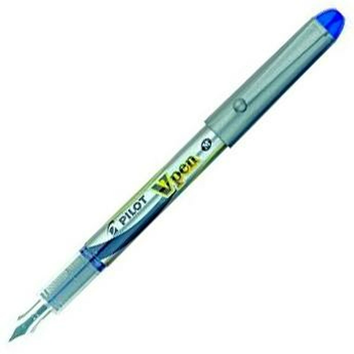 Ein silberner Pilot Vpen Füllfederhalter mit blauer Kappe und transparentem Tintenreservoir, auf weißem Grund.
