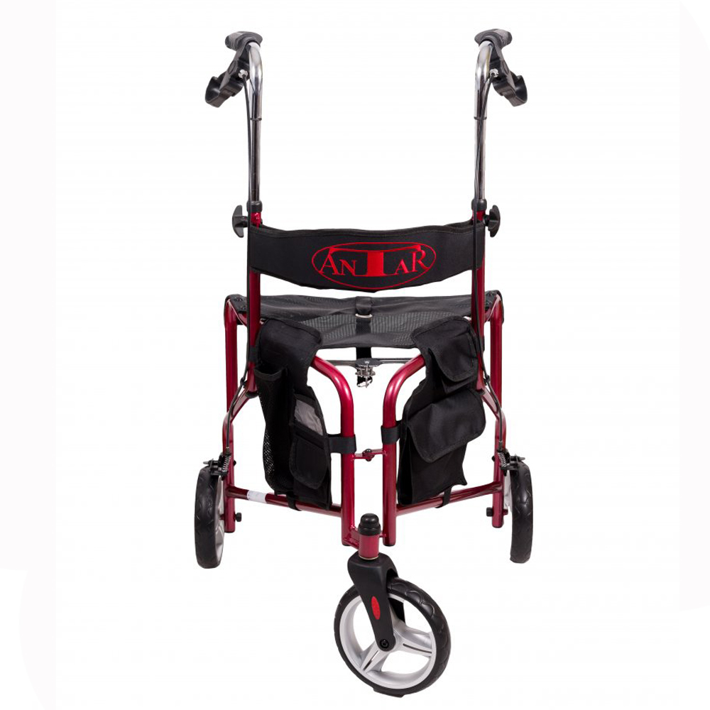 Ein roter Anlar-Rollator mit einem Vorderrad und schwarzen Sitz- und Seitentaschen auf weißem Hintergrund.