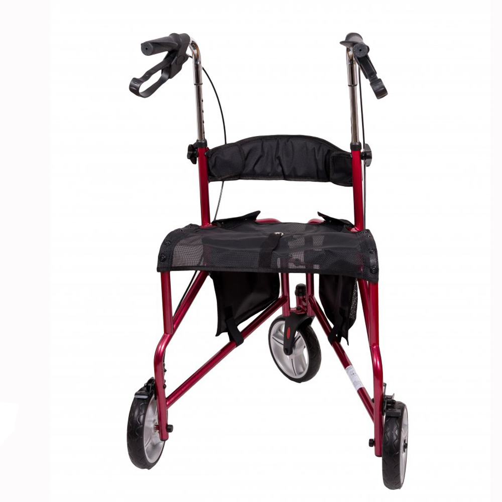 Ein roter Gehwagen mit schwarzem Sitz und Tasche wird vor weißem Hintergrund gezeigt. Er hat drei Räder. Die Griffe sind schwarz.