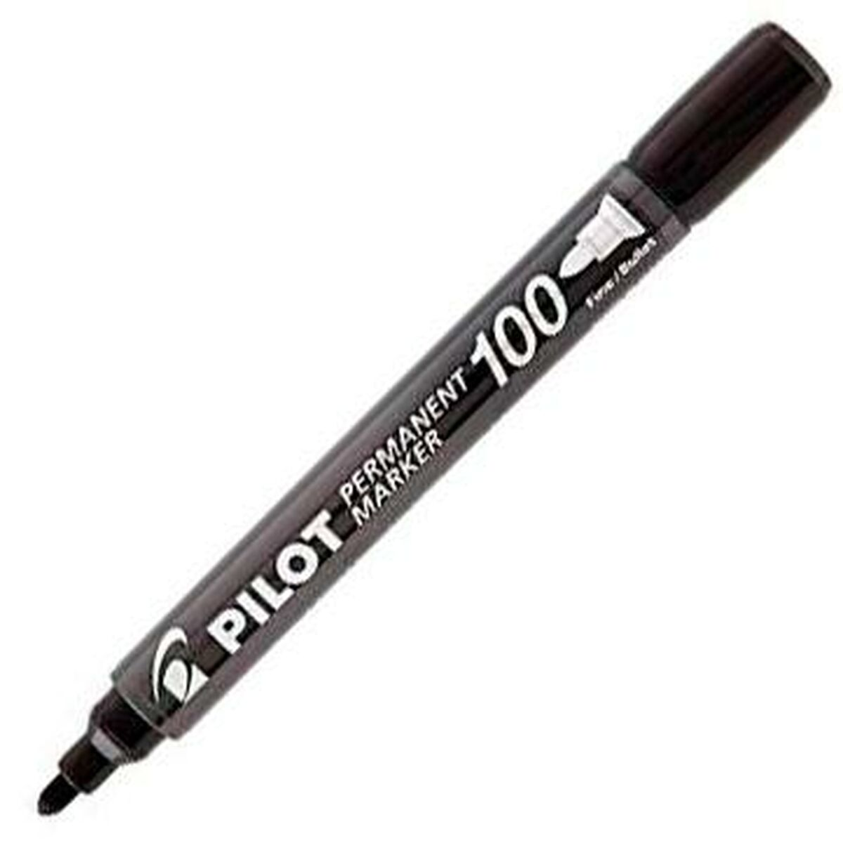 Ein schwarzer Pilot 100 Permanent Marker auf weißem Hintergrund. Er ist neu.