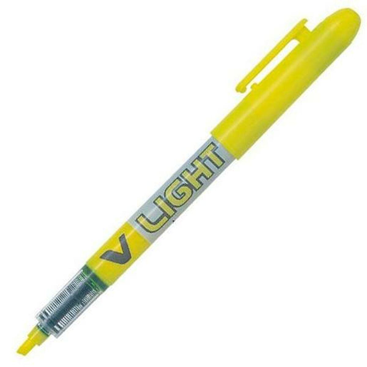 Ein gelber Pilot V-Light Textmarker auf weißem Hintergrund, mit grünem Abschnitt.
