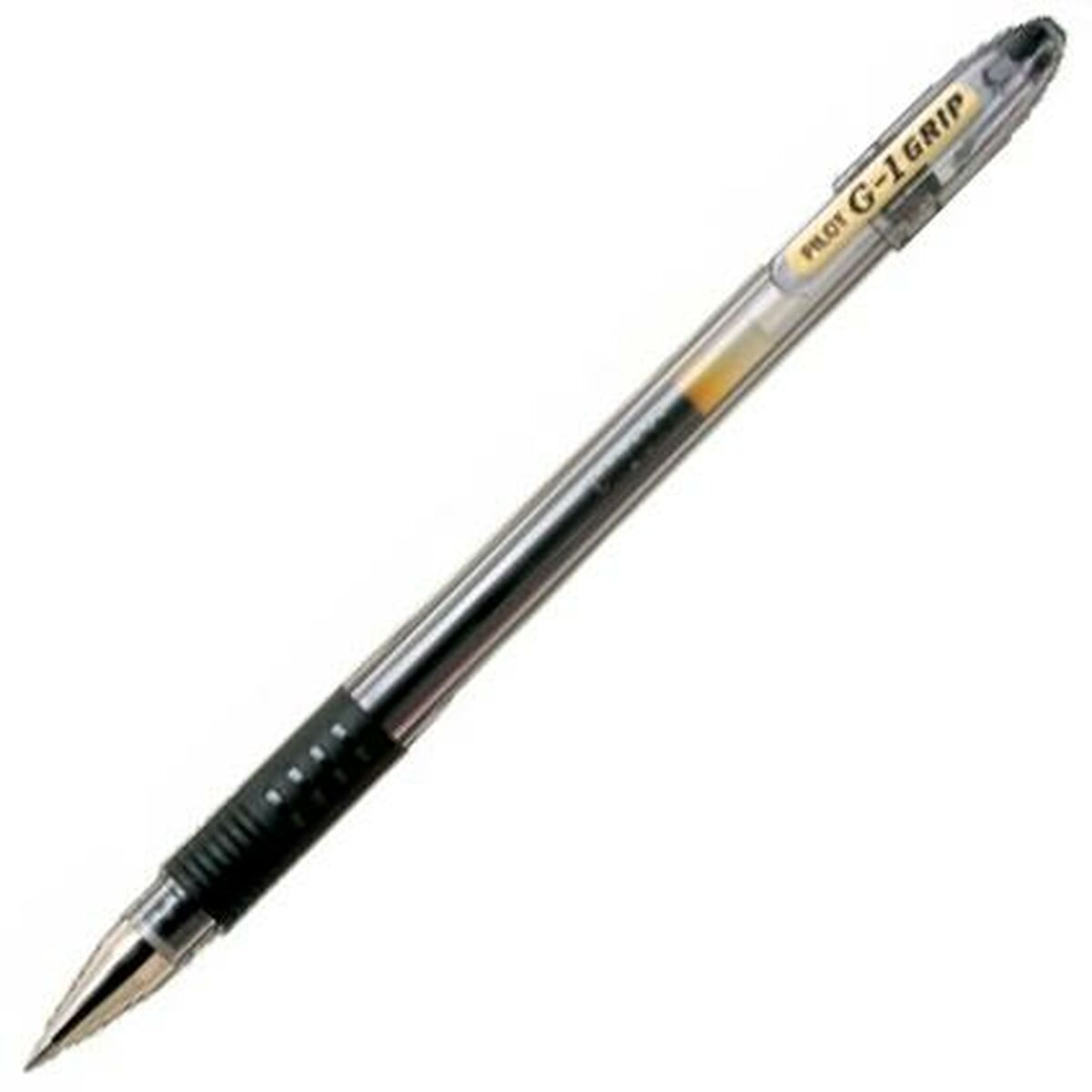 Ein schwarzer und silberner Pilot G-1 Grip Stift auf weißem Hintergrund, mit transparentem Schaft und schwarzem Griff.