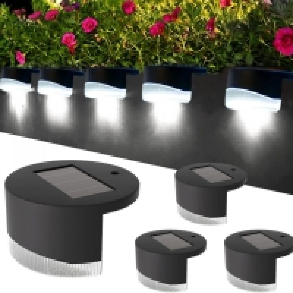 Solarbetriebene Lichter an einer dunklen Wand mit Blumen, mit Nahaufnahme der Lichter, vor weißem Hintergrund.
