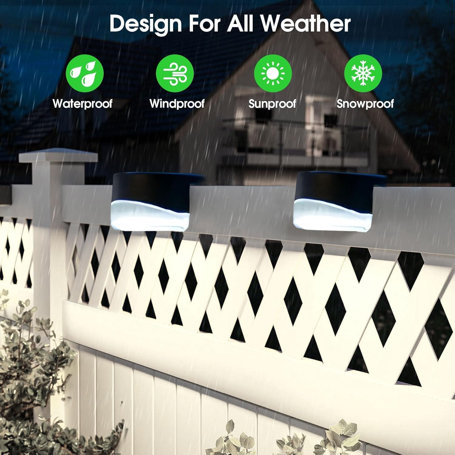 Ein Zaun mit Solarlampen und Text, der 'Design For All Weather' sagt, mit Symbolen für Wettertypen.