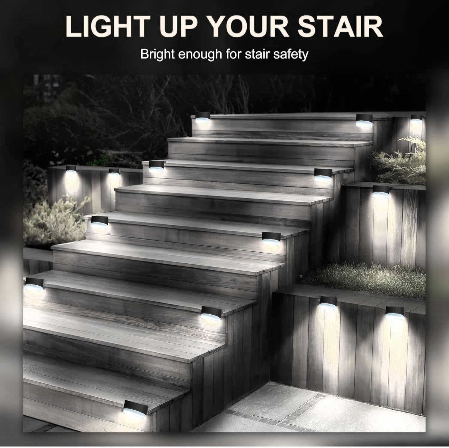 Holzstufen mit Lichtern, Text-Overlay sagt 'LIGHT UP YOUR STAIR' und 'Bright enough for stair safety'.