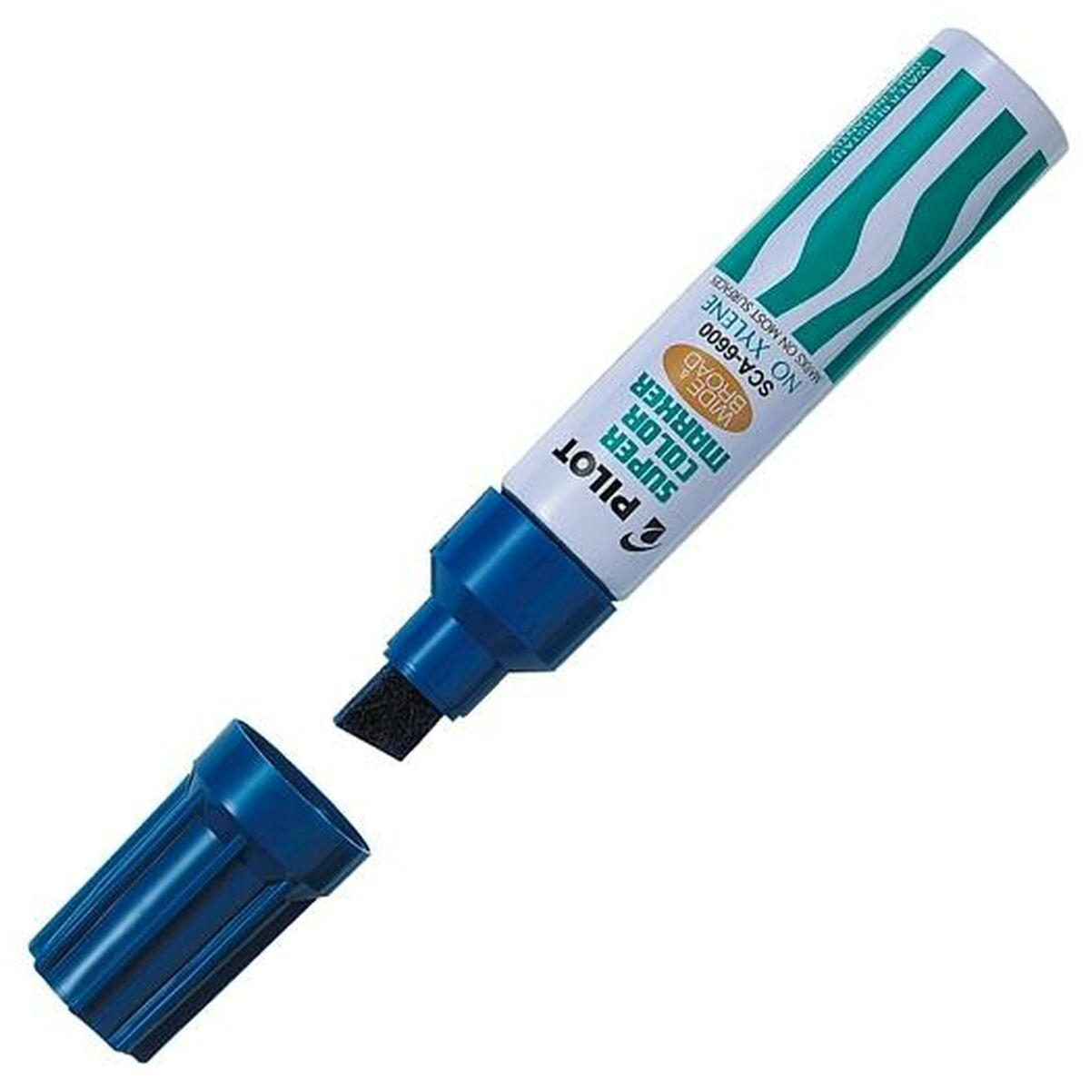 Ein blau-weißer Pilot Super Color Marker ohne Kappe, vor weißem Hintergrund.