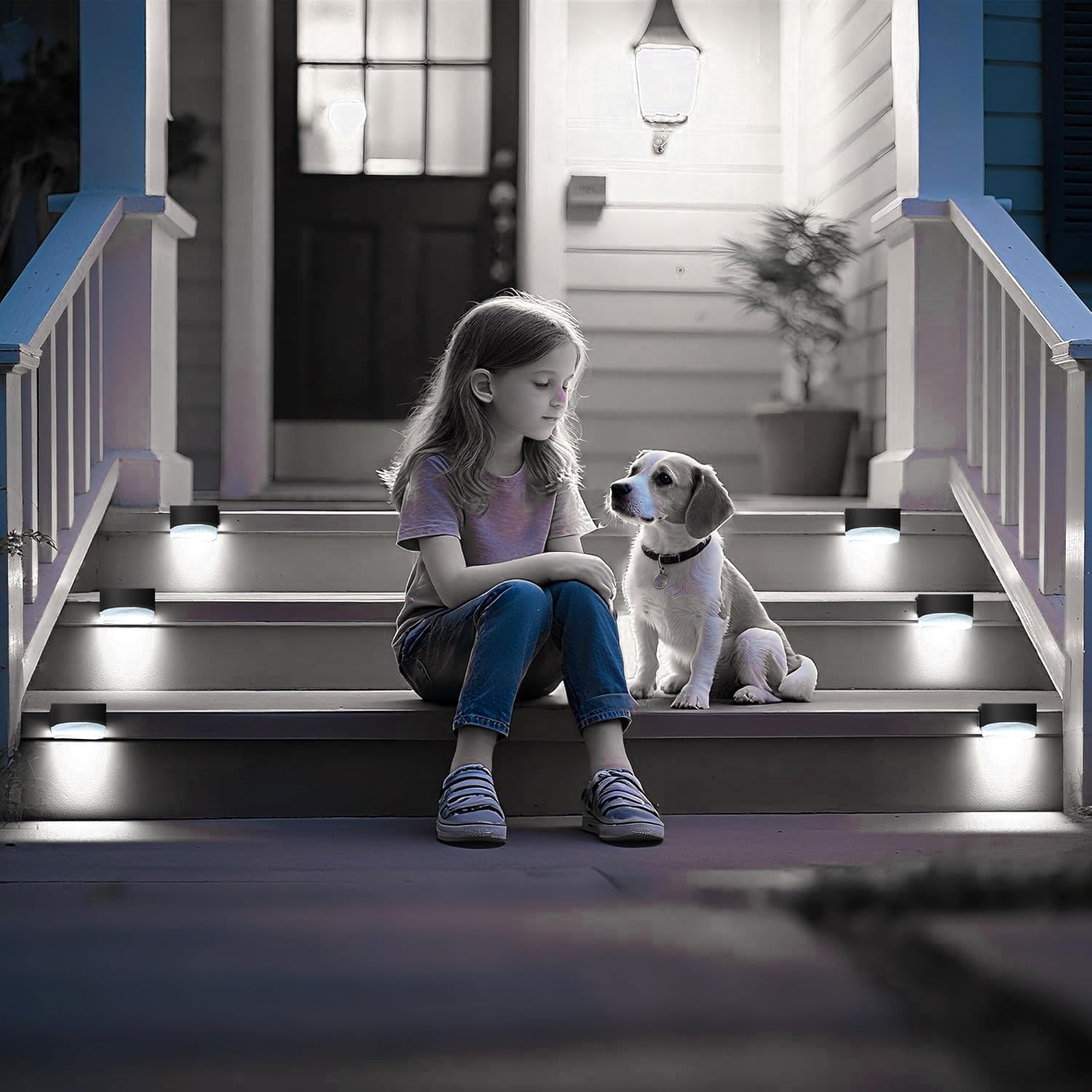 Ein Mädchen und ein Hund sitzen nachts auf beleuchteten Stufen eines Hauses. Eine Verandalaterne scheint.