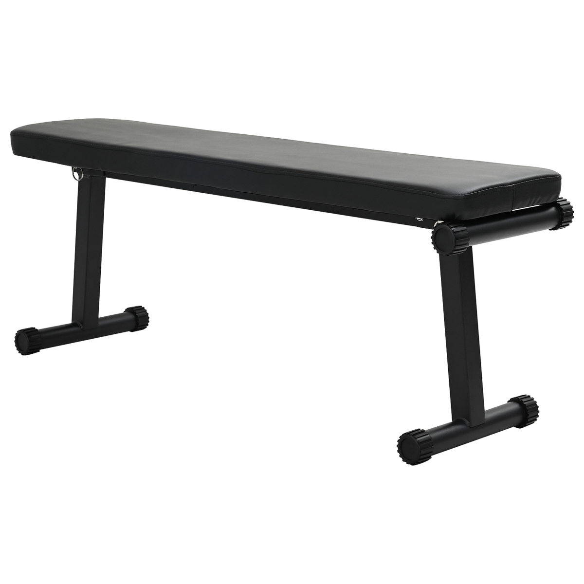 Una panca pesi nera su sfondo bianco. La panca ha un piano piatto e gambe in metallo nero.