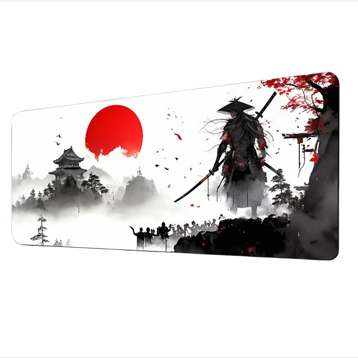 Een samoerai staat met zwaarden voor een Japans landschap met een rode zon. Een menigte staat tegenover hem.
