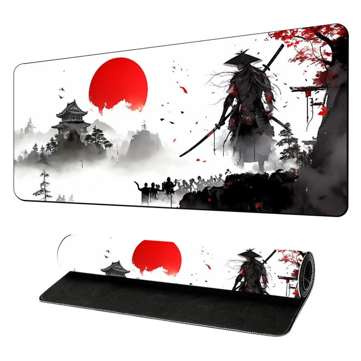 Een samoerai met zwaarden staat op een mat met een Japans landschap en rode zon. De mat is opgerold.