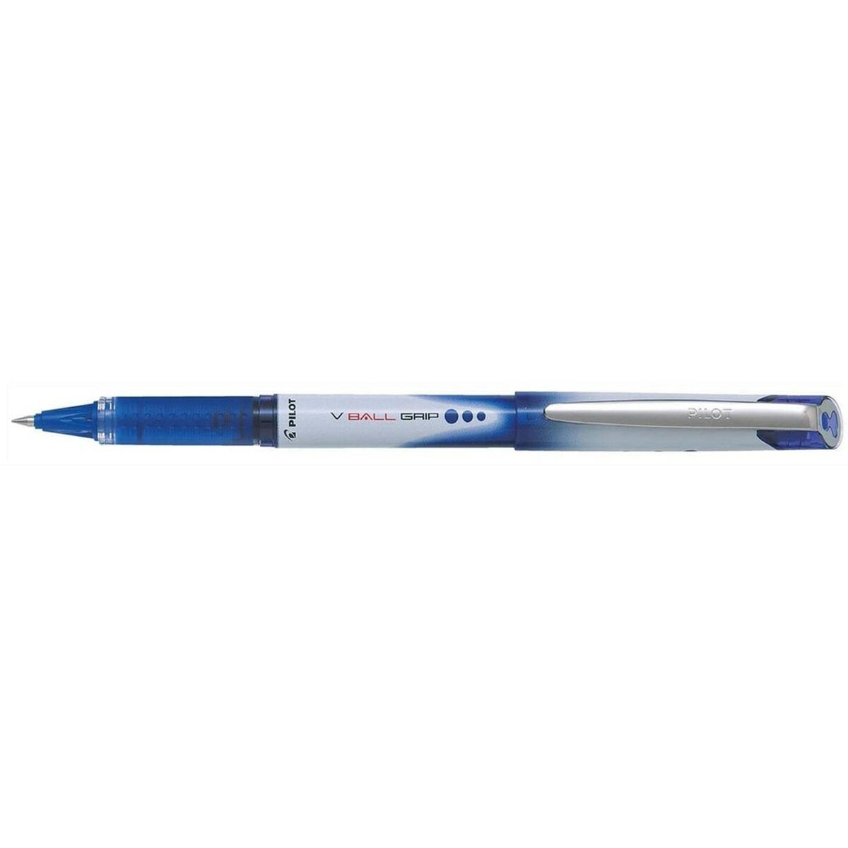 Blauer Pilot V Ball Grip Stift auf weißem Hintergrund. Der Stift liegt horizontal.