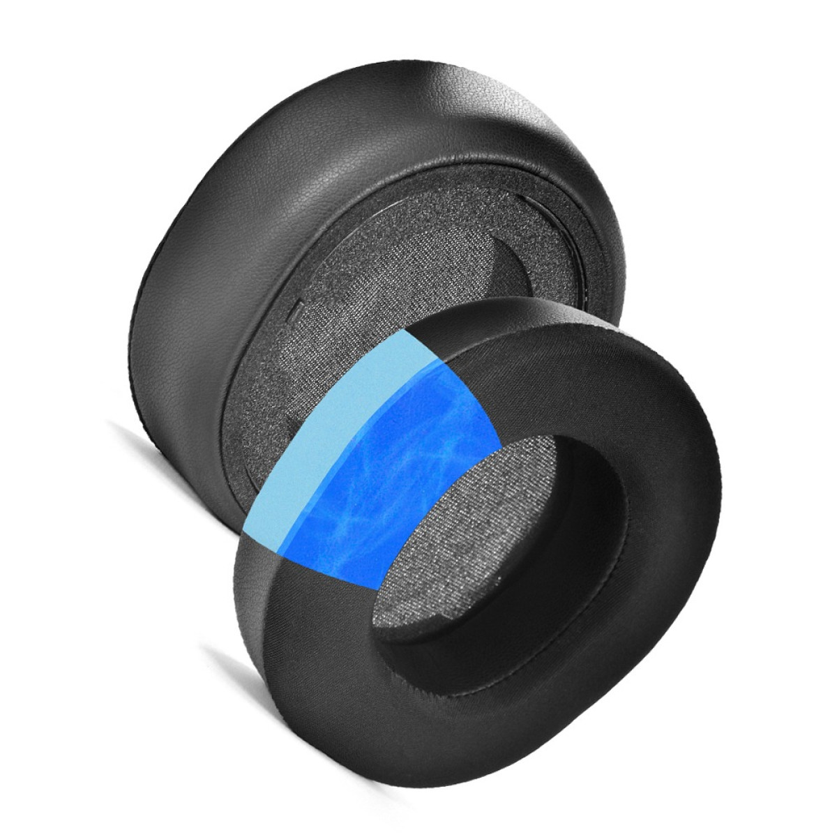 Due cuscinetti neri per auricolari con uno strato blu visibile. I cuscinetti sono su bianco.