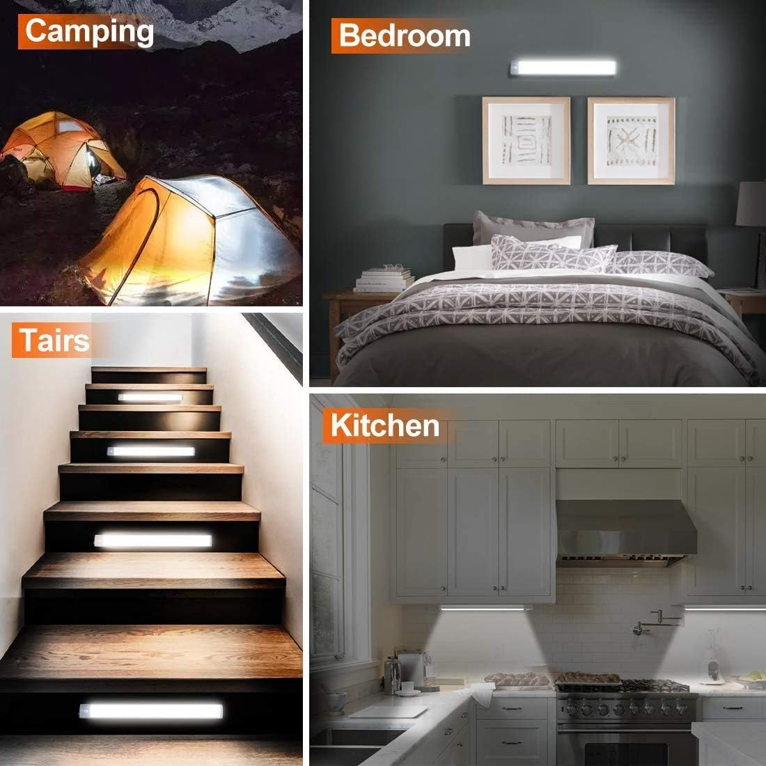 Vier Bilder zeigen die Verwendung eines Lichtstreifens: Camping, Schlafzimmer, Treppe und Küche. Alle zeigen ein weißes Licht.