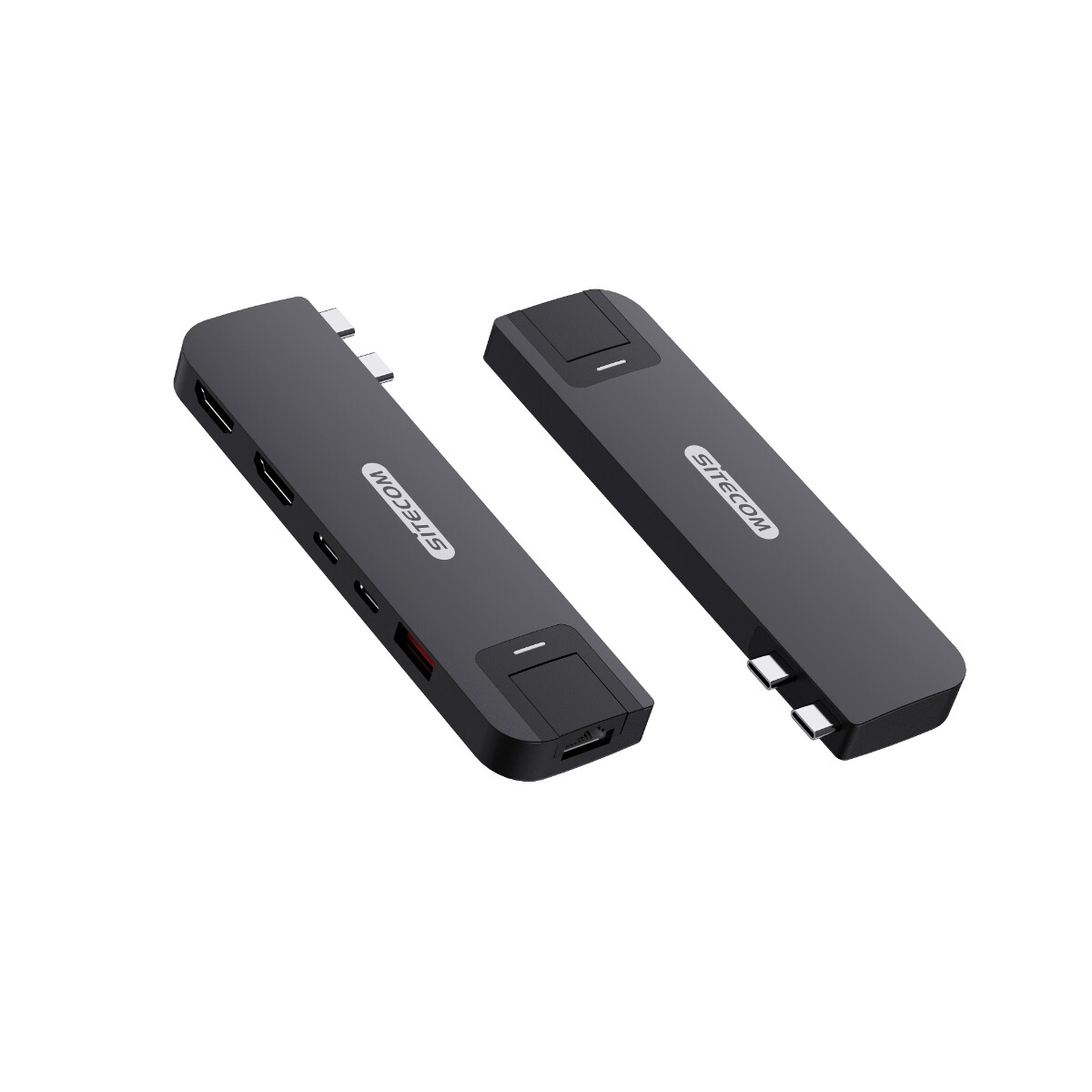Zwei schwarze USB-Hubs werden gezeigt, jeder mit unterschiedlichen Anschlüssen. Beide sind auf weißem Hintergrund abgewinkelt.