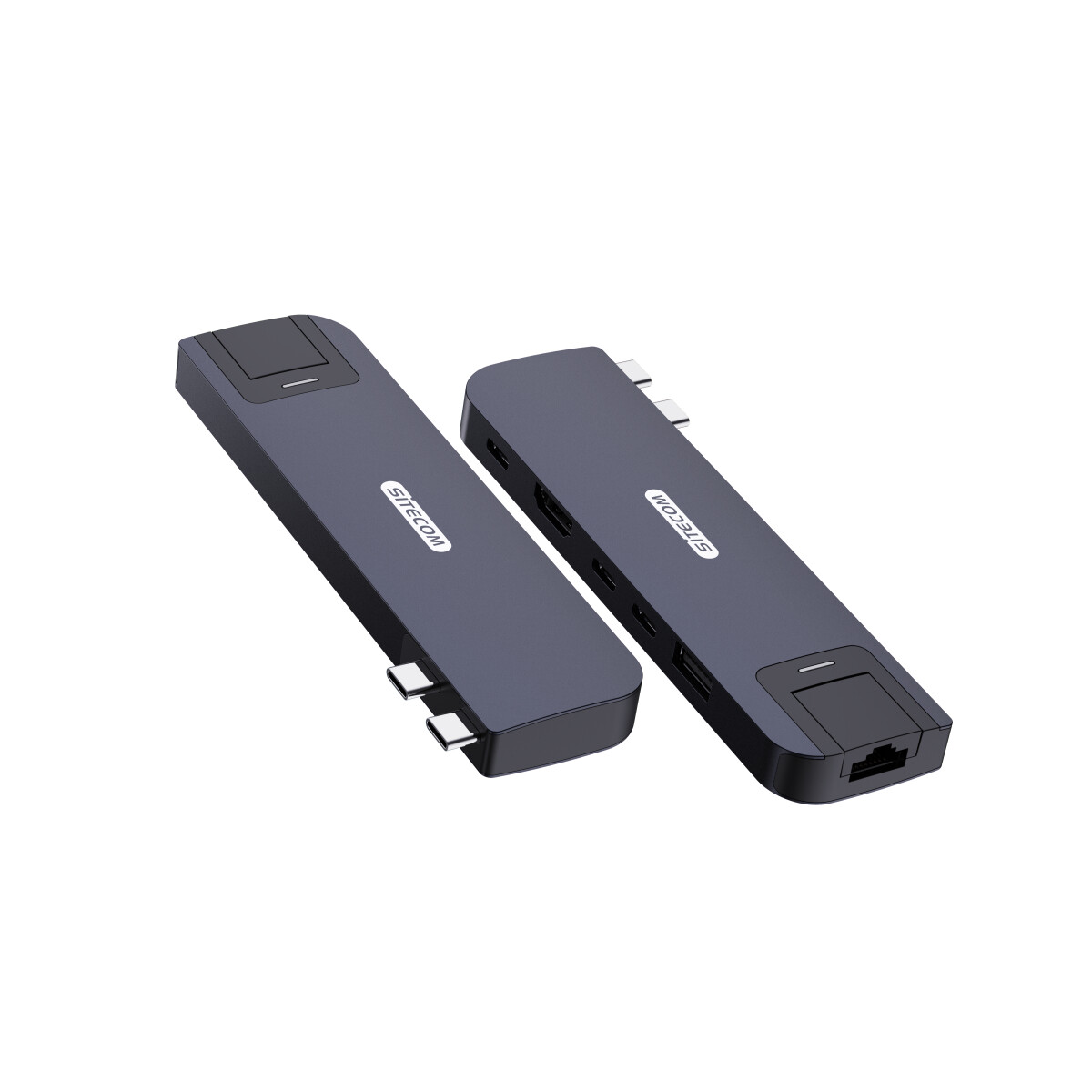 Due hub USB neri sono mostrati, entrambi angolati. Hanno porte diverse e si trovano su uno sfondo bianco.
