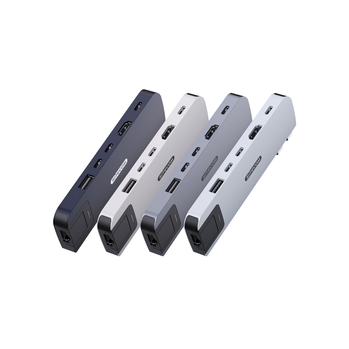 Vier Mehrfach-Port-Adapter in einer Reihe. Sie haben verschiedene Anschlüsse und Farben: schwarz, silber, grau und silber.