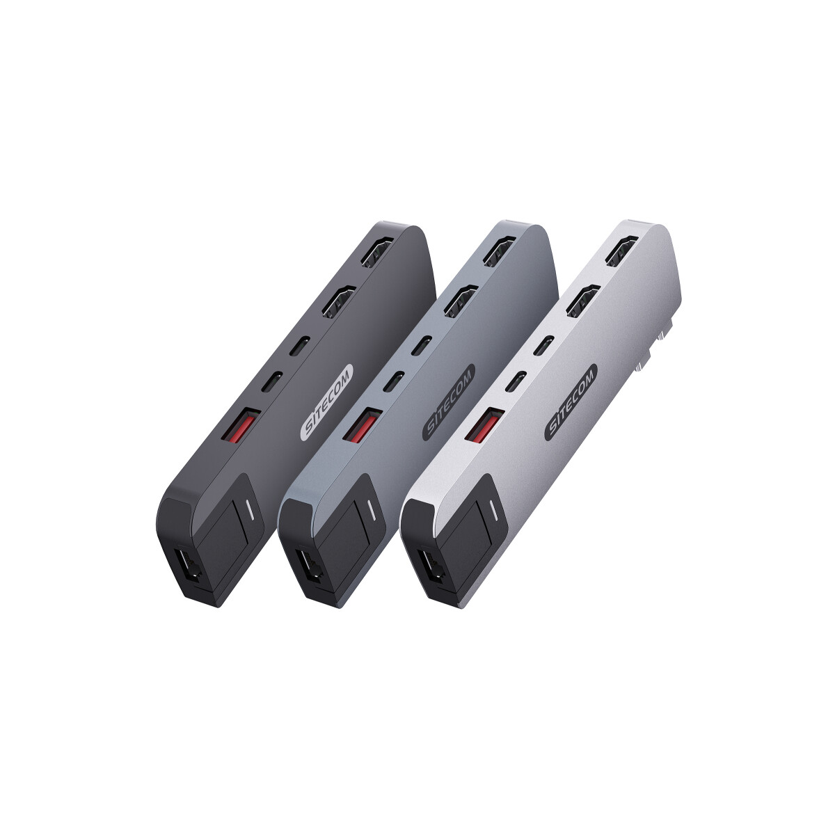 Drei Mehrfach-Port-Adapter in einer Reihe. Jeder hat unterschiedliche Anschlüsse und Farben: grau, grau und silber.