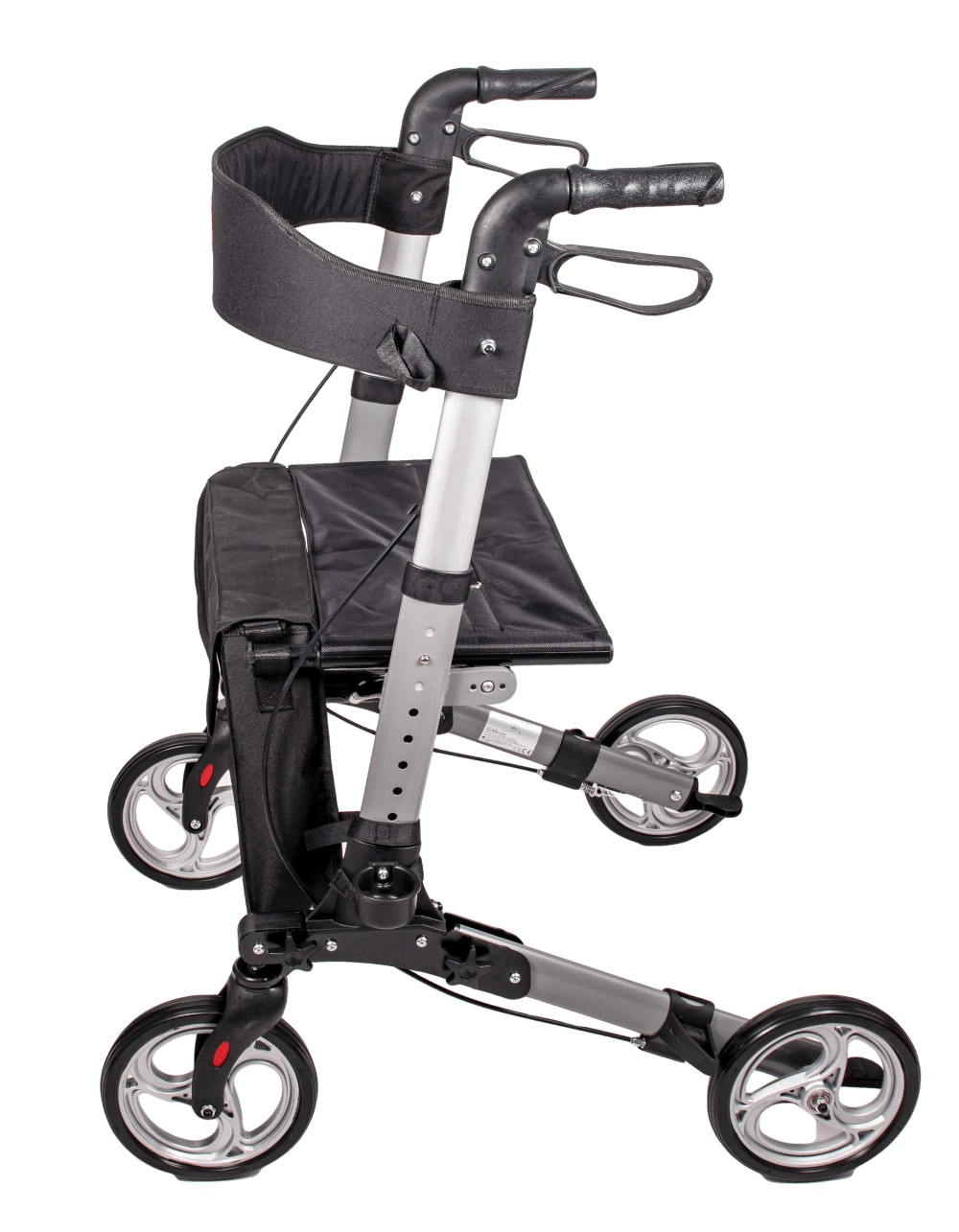 Ein silberner und schwarzer Rollator mit Sitz und Griffen zur Unterstützung der Mobilität. Er hat vier Räder.
