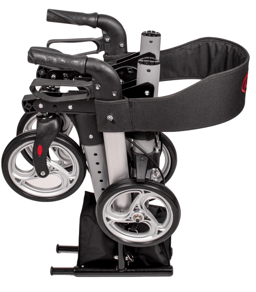 Gefalteter Rollator mit vier Rädern. Grau und schwarz, für ältere oder gehbehinderte Personen.