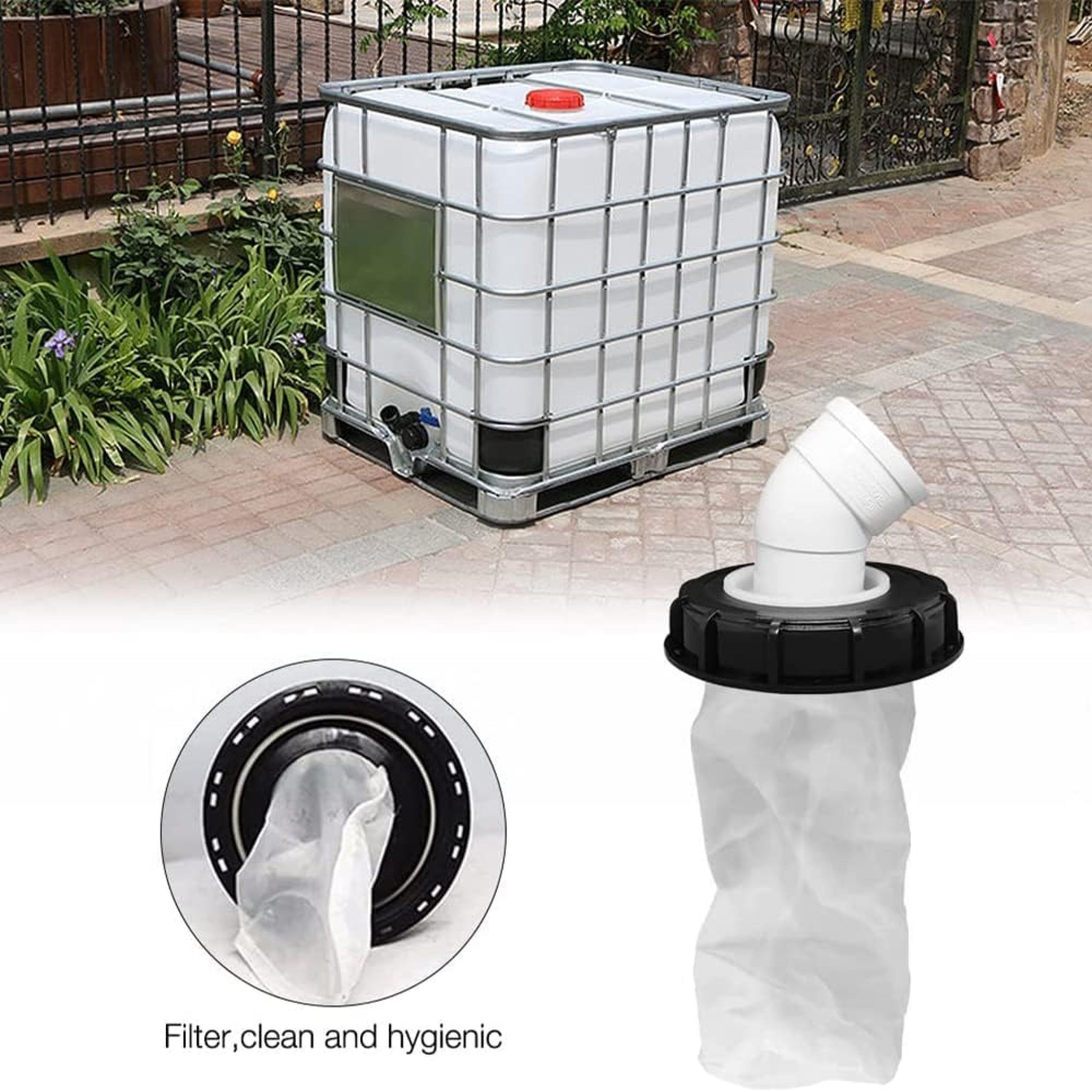 Ein großer weißer Behälter mit Metallrahmen und einem Wasserfilter wird gezeigt. Der Filter befindet sich in der Ecke. Der Behälter ist draußen.