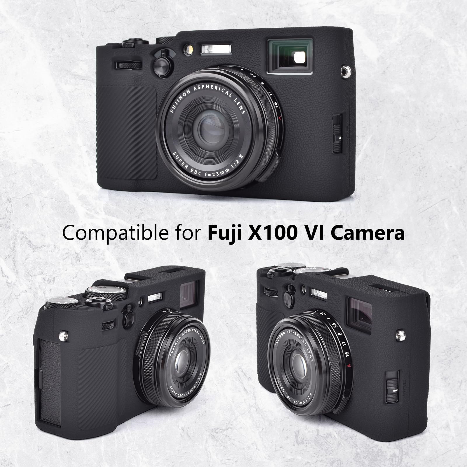 Schwarze Kamerataschen für eine Fuji X100 VI Kamera. Mehrere Winkel gezeigt, die Taschen bedecken das Kameragehäuse.