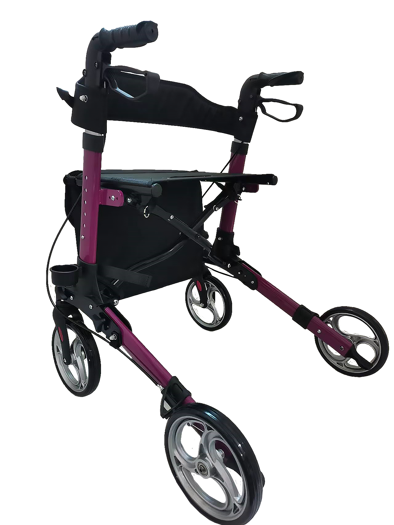 Ein lila-silberner Rollator mit schwarzem Sitz und Aufbewahrungstasche. Er hat Räder und Griffe.