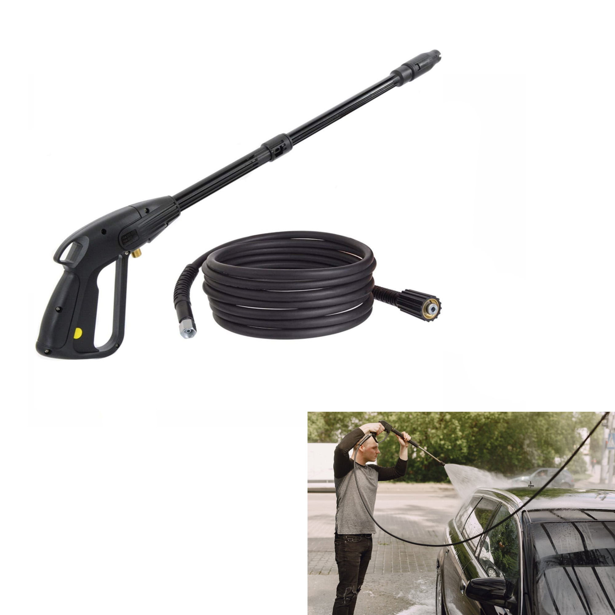 Eine schwarze Hochdruckpistole und ein Schlauch. Ein Mann wäscht ein Auto, Wasser sprüht auf das Auto.