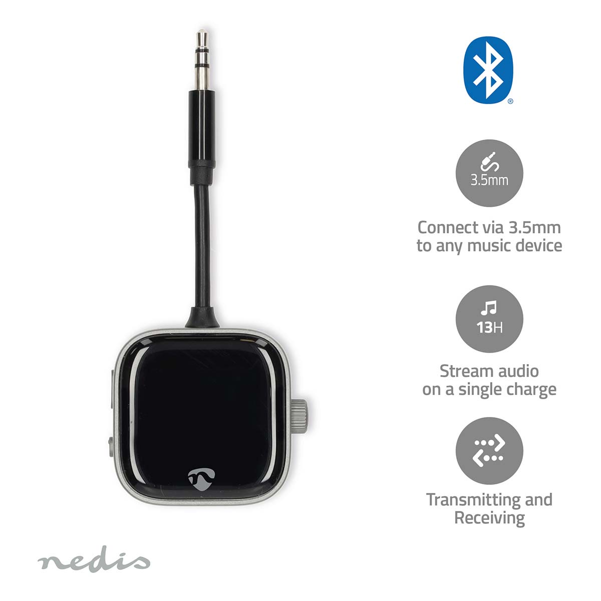Ein schwarzer Bluetooth-Empfänger mit 3,5-mm-Klinke und USB-Anschluss, mit Symbolen für 3,5 mm, Bluetooth und 13H Akku.