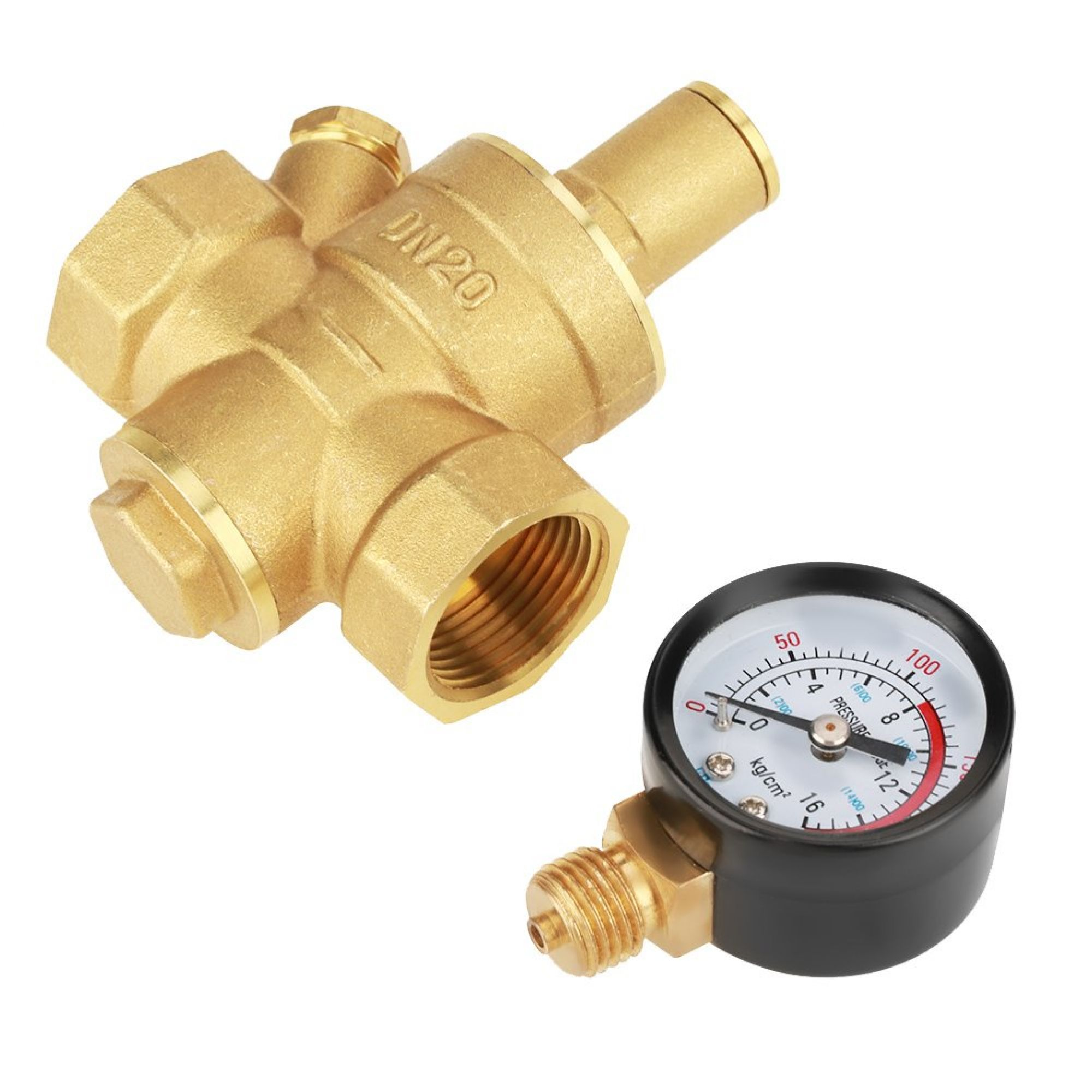 Ein Druckminderventil aus Messing und ein Manometer mit schwarzem Zifferblatt und Messinganschluss.