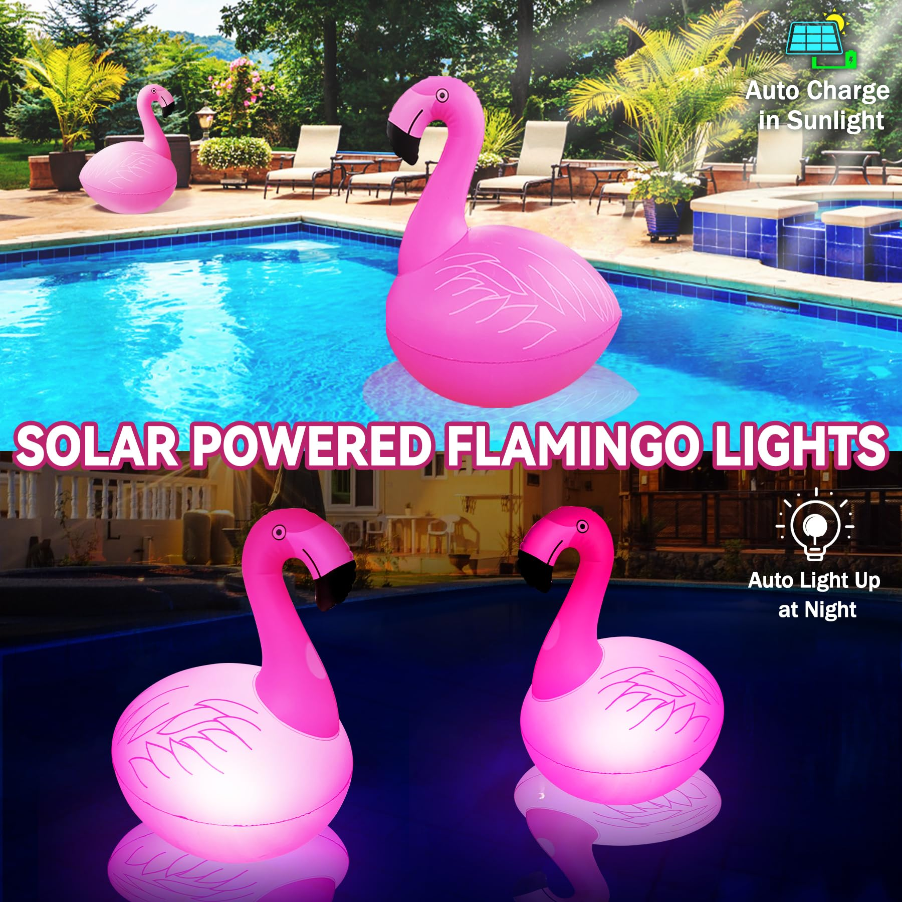 Drei rosa Flamingo-Poolschwimmer. Sie leuchten nachts und werden von der Sonne aufgeladen.