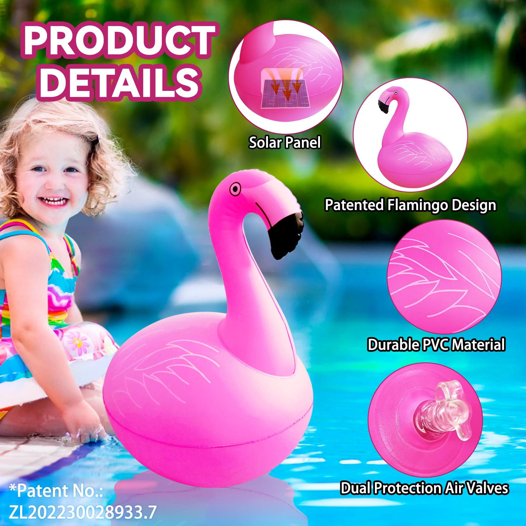 Ein rosa Flamingo-Pool-Schwimmer mit Details von Solarpanel und Luftventilen, neben einem Mädchen.