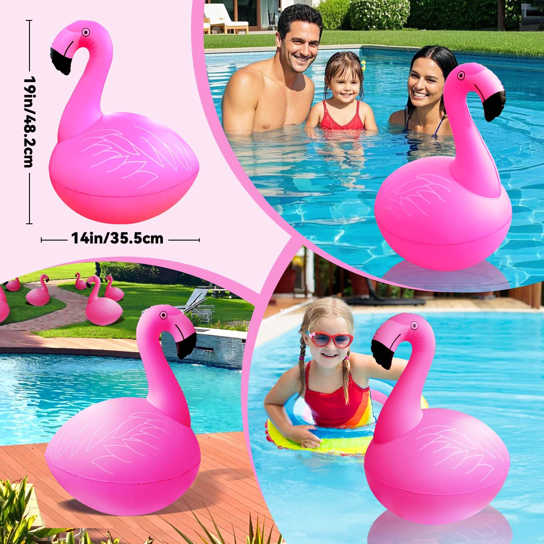 Rosa Flamingo-Schwimmtiere in verschiedenen Umgebungen, mit Maßen und Personen, die sie genießen.