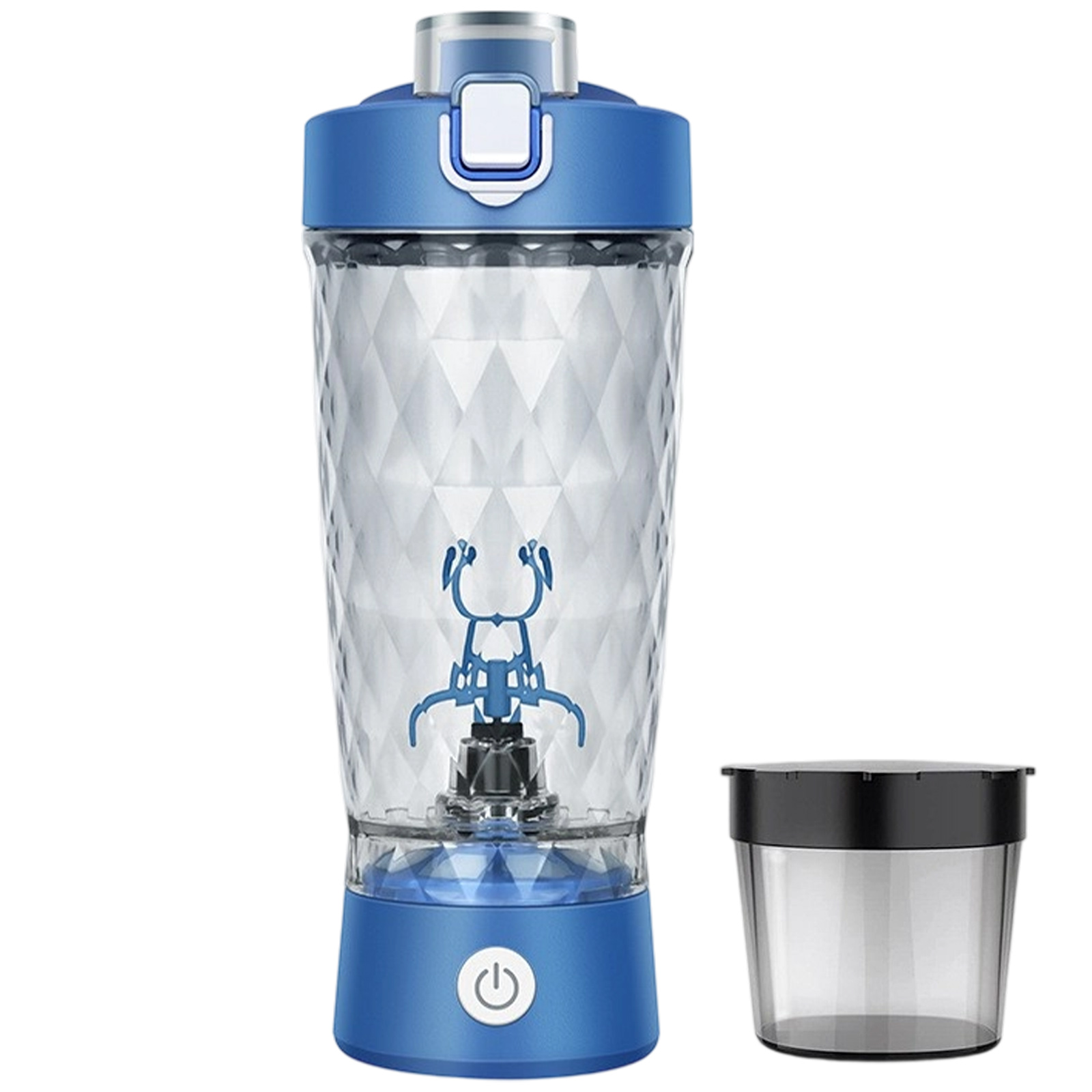 Blauer und transparenter Kunststoff-Shaker mit schwarzem Deckel, zeigt seine Teile und den Zusammenbau.