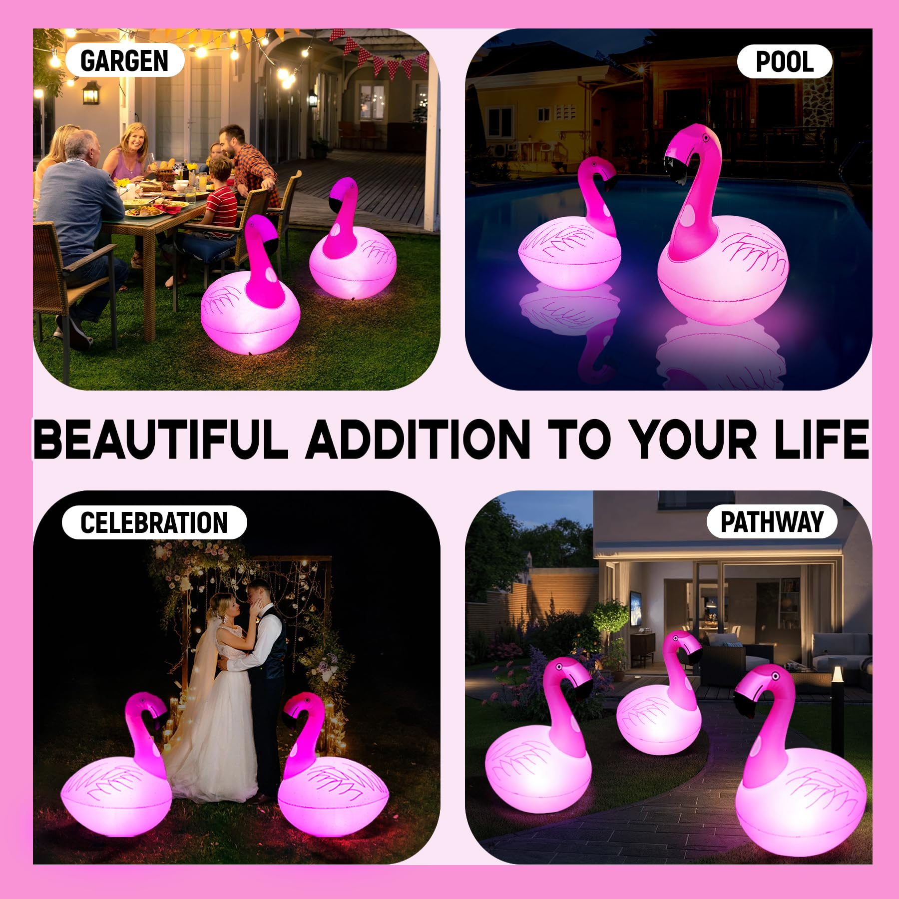 Collage von Szenen mit rosa Flamingo-Lichtern in verschiedenen Umgebungen: Garten, Pool, Feier, Weg.