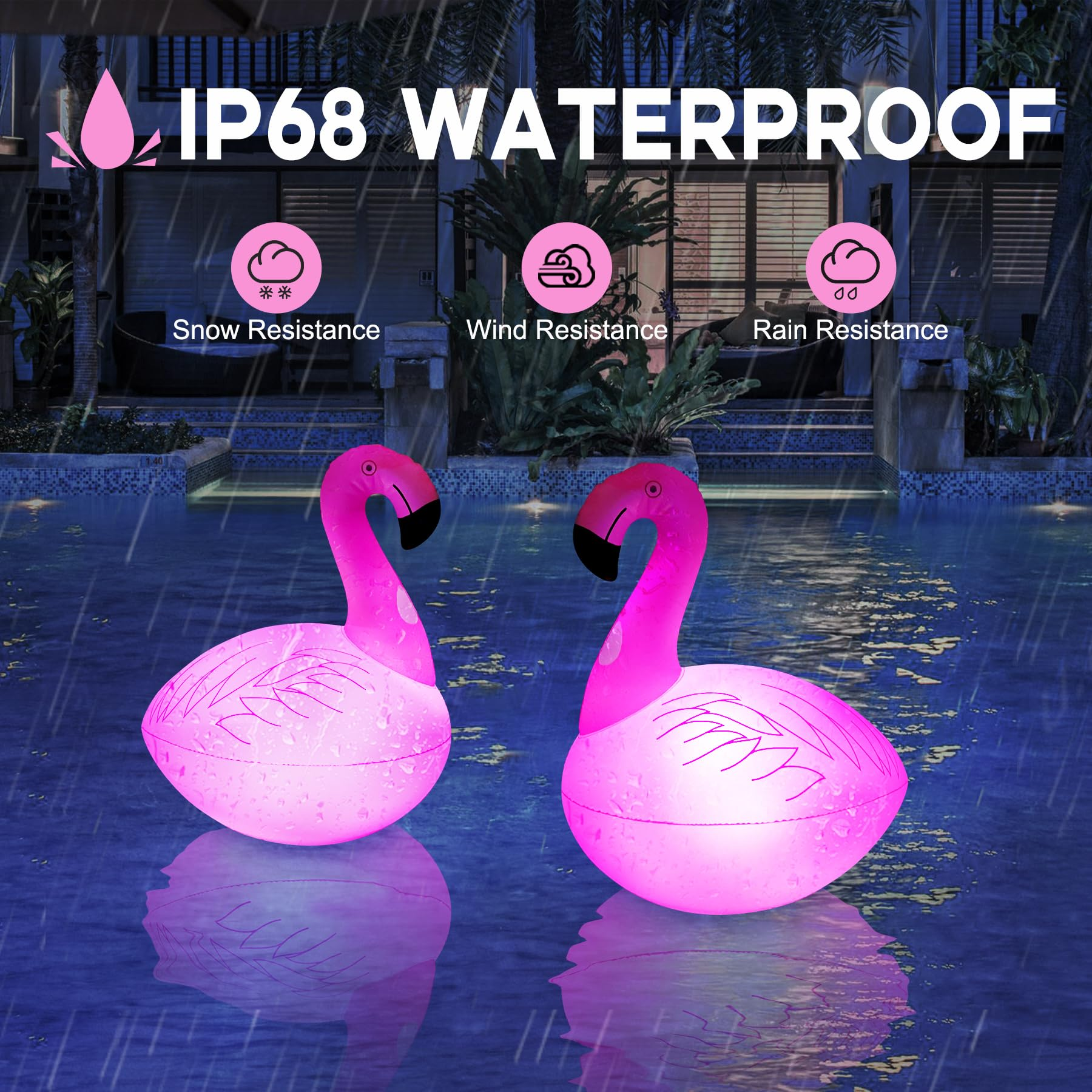 Zwei rosa Flamingo-Schwimmtiere in einem Pool, mit Text über IP68 wasserdicht und Icons.
