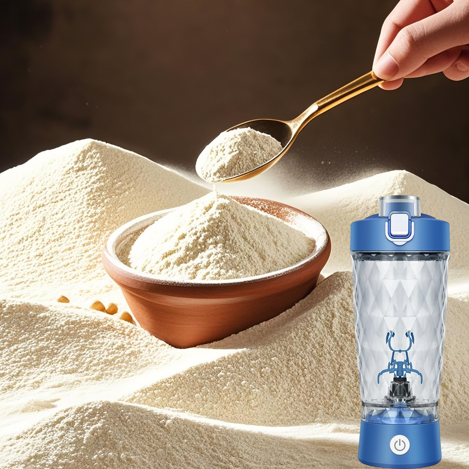 Eine Hand schüttet Proteinpulver von einem goldenen Löffel in eine Schüssel, neben einem blauen Shaker und mehr Pulver.