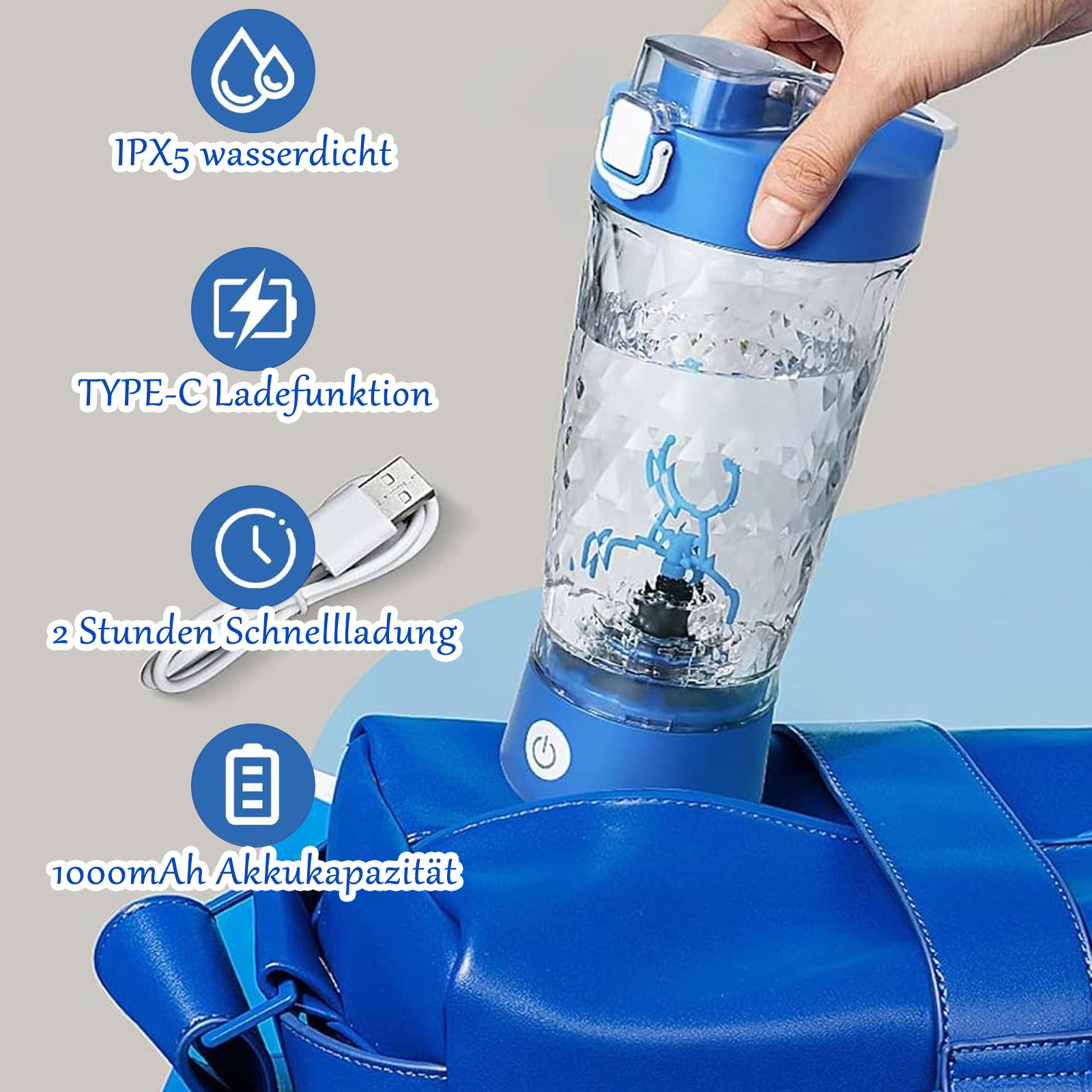 Ein blau-klarer Mixer mit Wasser und eine Hand, die ihn hält. Text auf Deutsch beschreibt Funktionen.