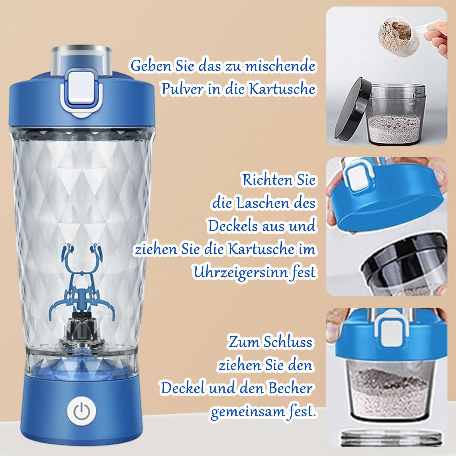 Anweisungen für einen blauen Shaker mit einem transparenten Behälter, die seine Teile und Montageschritte zeigen.